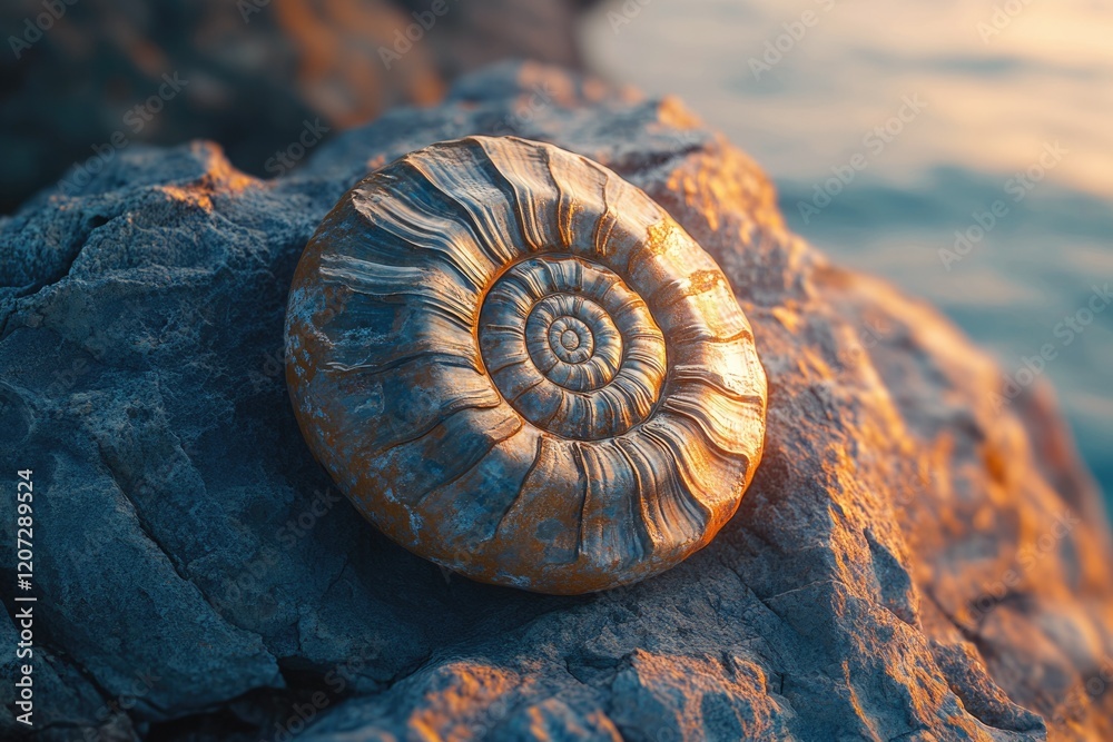 Golden ammonite fossil rests on a dark rock near the ocean at sunset. Golden ammonite fossil rests on a dark rock near the ocean at sunset.
