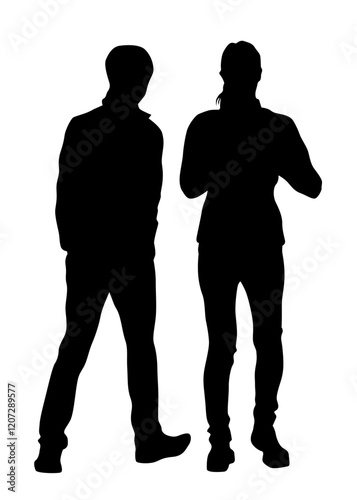 Young man and woman walking at street. Isolated silhouette on a white background
