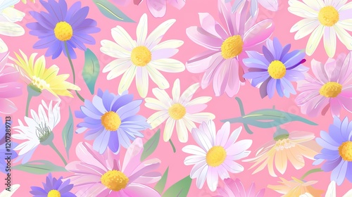A charming spring background adorned with an array of spring flowers and delicate daisies. The vibrant colors and sweet scents of these blossoms create a refreshing and inviting atmosphere