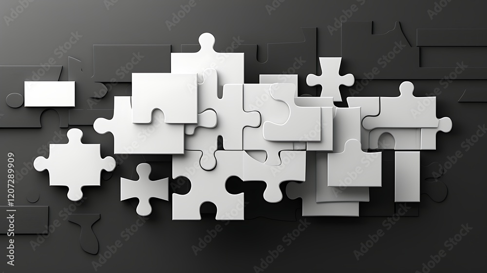 Naklejka premium White puzzle pieces on black background, problem solving concept, business strategy, teamwork