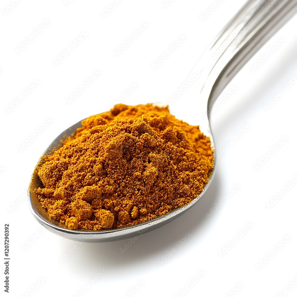 A spoonful of vibrant yellow curry powder isolated on white background, close-up macro shot of aromatic spice for cooking and seasoning concepts.