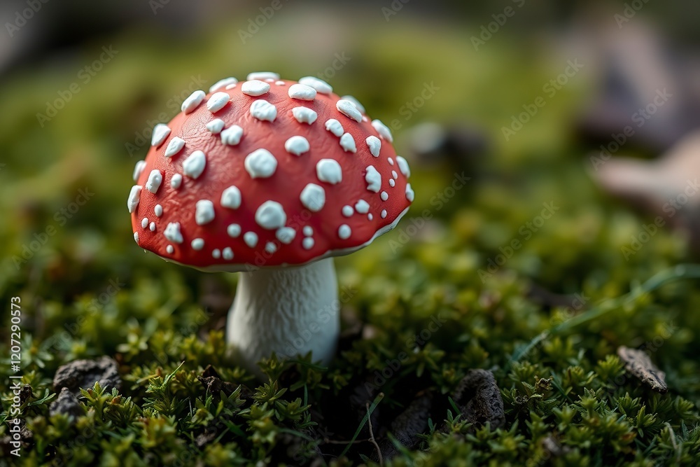Enchanted Red Mushroom: A whimsical close-up of a red toadstool with white spots nestled in vibrant green moss Enchanted Red Mushroom: A whimsical close-up of a red toadstool with white spots nestled in vibrant green moss