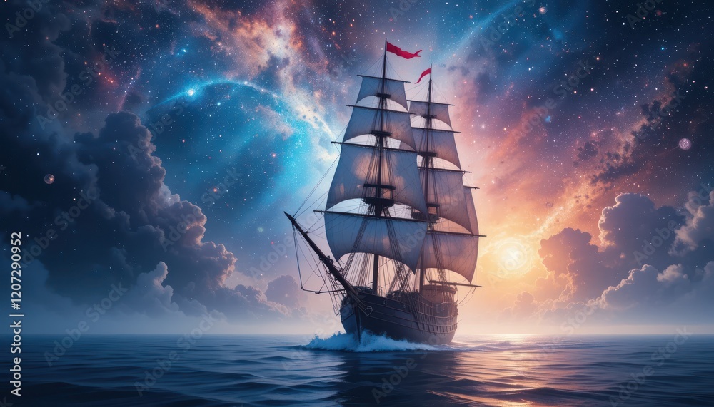 Fototapeta premium Sailing ship at dawn, cosmic clouds, interstellar voyage