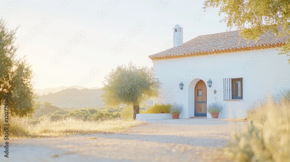 Fototapeta premium Idyllic exterior view of a traditional Spanish hacienda at sunset