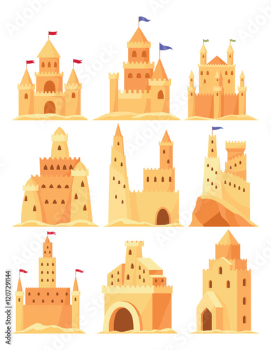 Sand castle set. Kids fortress constructions. Sandy stronghold with wall and tower. Summer beach games to build sandy palaces or citadel. Vector cartoon illustration of beach sculptures