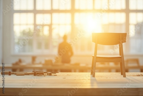 commercial photography for advertising campaign clean and organized woodworking table with finely crafted wooden tools photo