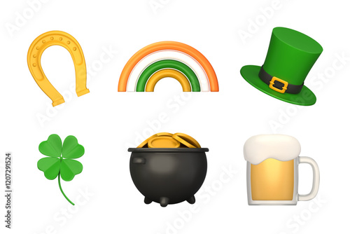 St. Patrick's Day decorative elements. Good luck symbols in 3d realistic style. Clover, pot of money, leprechaun hat, beer, horseshoe, rainbow. Vector illustration.