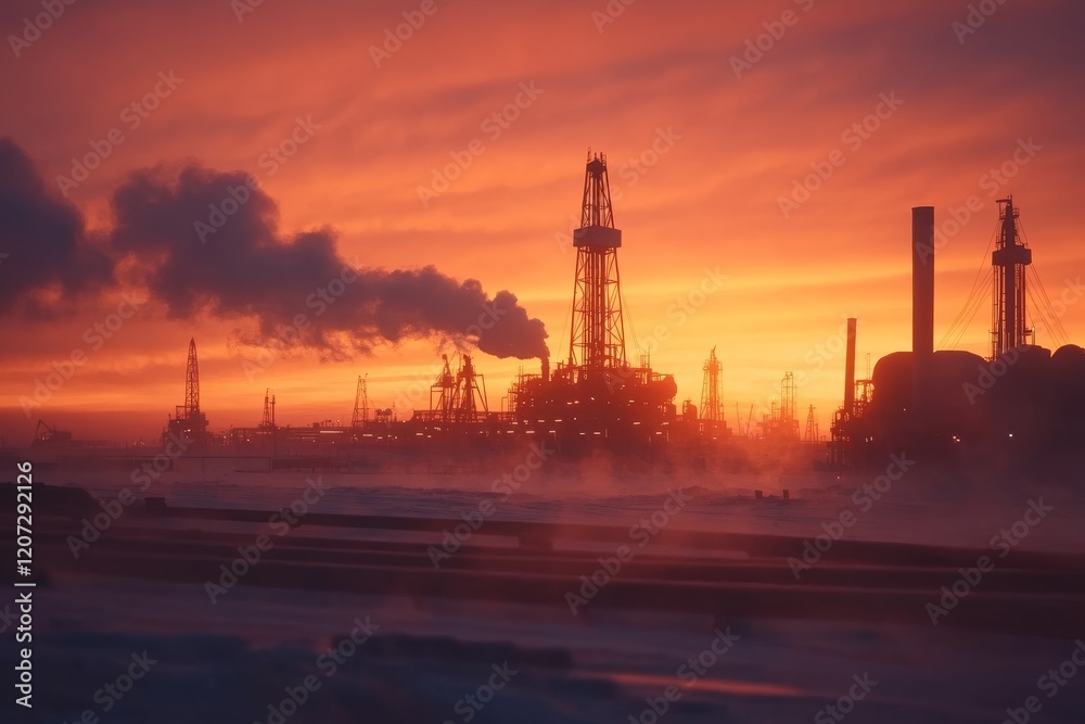 Oil rigs silhouetted against a vibrant sunset sky with smoke rising into the evening air Oil rigs silhouetted against a vibrant sunset sky with smoke rising into the evening air