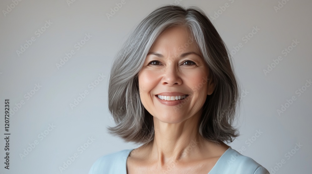 Older woman with gray hair smiling against a neutral background in a warm and inviting setting Older woman with gray hair smiling against a neutral background in a warm and inviting setting