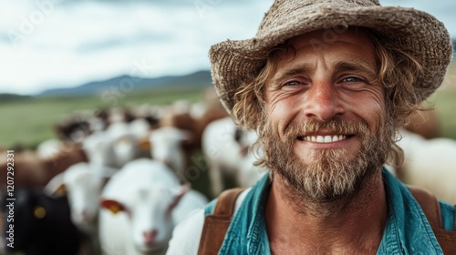 A joyful farmer stands amidst a flock of sheep, showcasing his connection to nature and the rural lifestyle, emphasizing themes of hard work and dedication in agriculture. photo