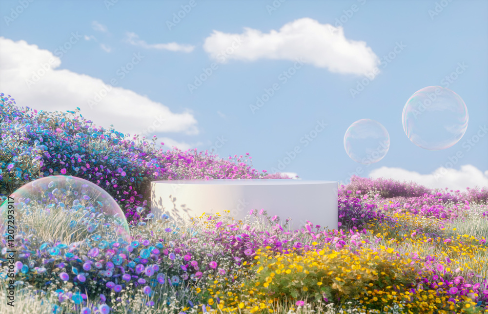 Obraz premium Abstract spring flowers landscape scene with white podium and soap bubbles. 3d rendering.