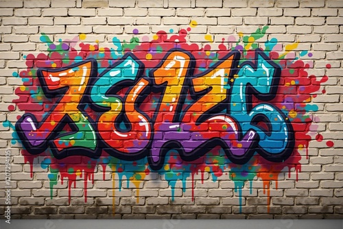 Vivid Multicolored Graffiti Patterns on Brick Wall Texture, Highlighting Bold Urban Artistic Expression