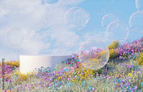 Fototapeta Naklejka Na Ścianę i Meble -  Abstract spring flowers landscape scene with white podium and soap bubbles. 3d rendering.