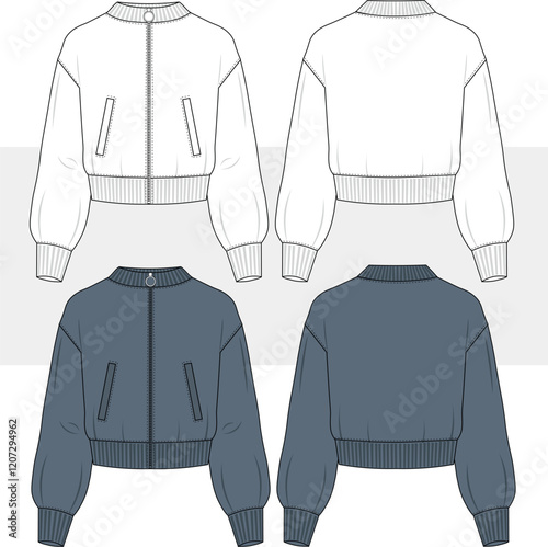 Unisex Bomber Jacket. Technical fashion illustration. fashion drawing, Front and back, white and blue color. CAD mock-up.