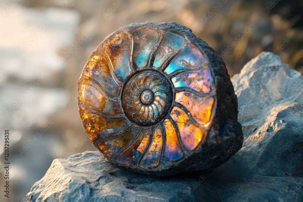 A mesmerizing iridescent ammonite fossil rests on a dark rock, showcasing its ancient spiral and vibrant colors. A mesmerizing iridescent ammonite fossil rests on a dark rock, showcasing its ancient spiral and vibrant colors.