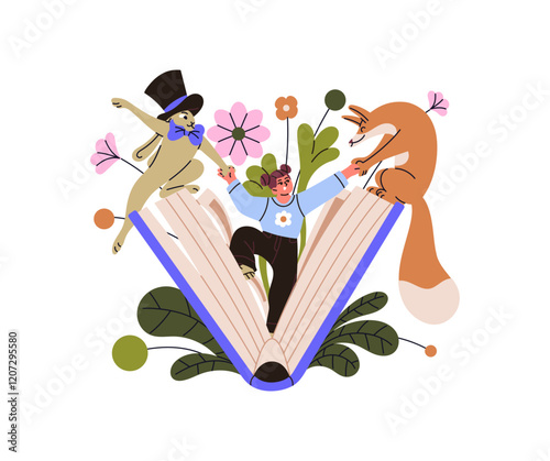 Happy little girl reads fairy tale. Cute kid plays with fairytale book characters. Child has fun by story. Concept of kind childish literature. Flat isolated vector illustration on white background
