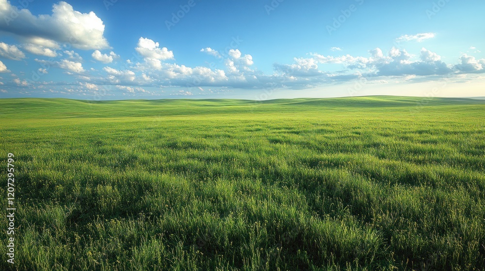 Fototapeta premium Vast green field, blue sky, fluffy clouds.