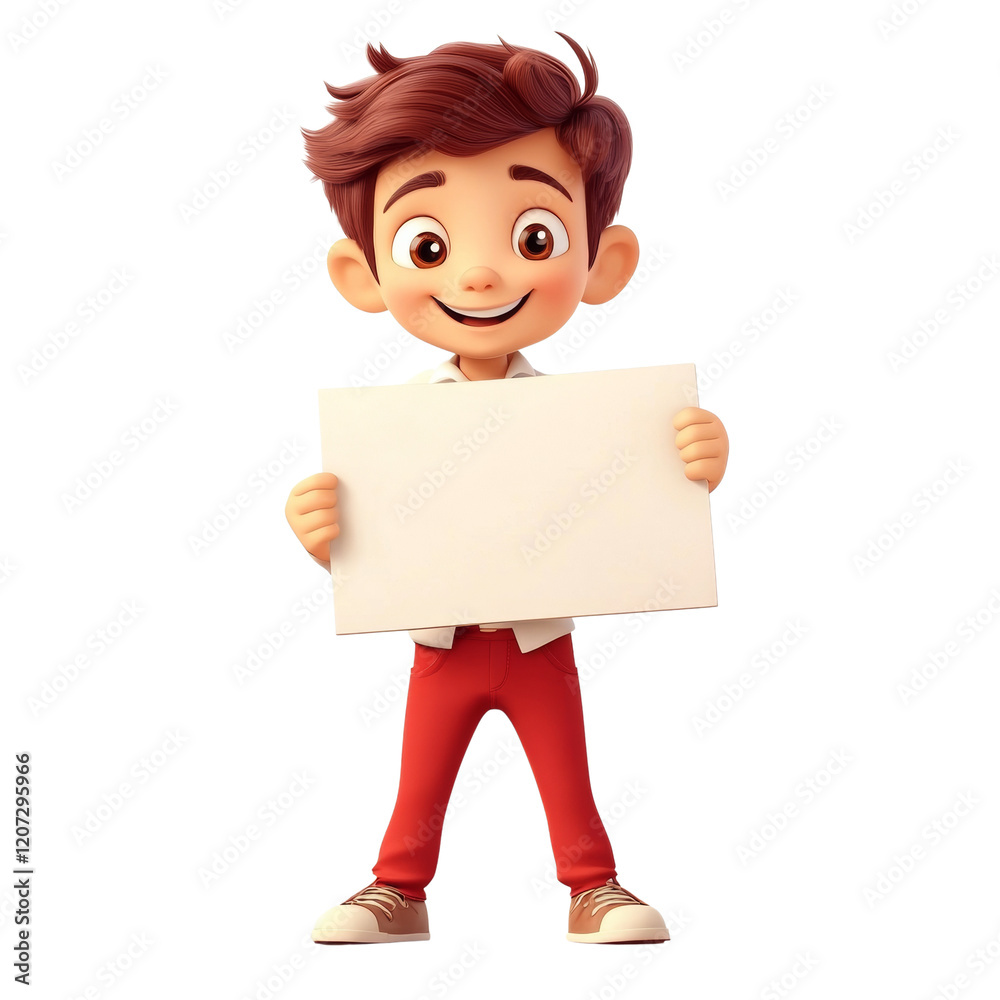 A cheerful cartoon boy holds a large blank sign ideal for advertising or messaging. A cheerful cartoon boy holds a large blank sign ideal for advertising or messaging.