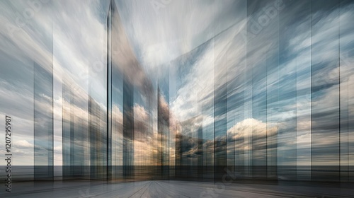 An abstract urban scene blurs buildings and cloudy reflections with vertical streaks, evoking a dynamic feeling of movement and fleeting time. photo