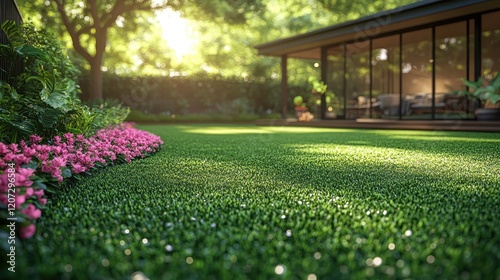 Wallpaper Mural Lush green lawn, pink flowers, modern house, sunlight. Torontodigital.ca