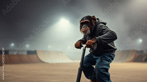 Chimpanzee dressed in baggy clothes like a teenager rides on scooter in a skatepark photo