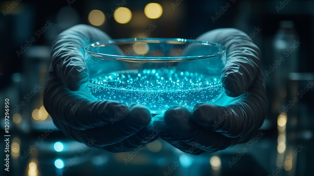 Fototapeta premium Gloved Hands Hold Blue Liquid Science Research Lab Teal Fluid Glass 