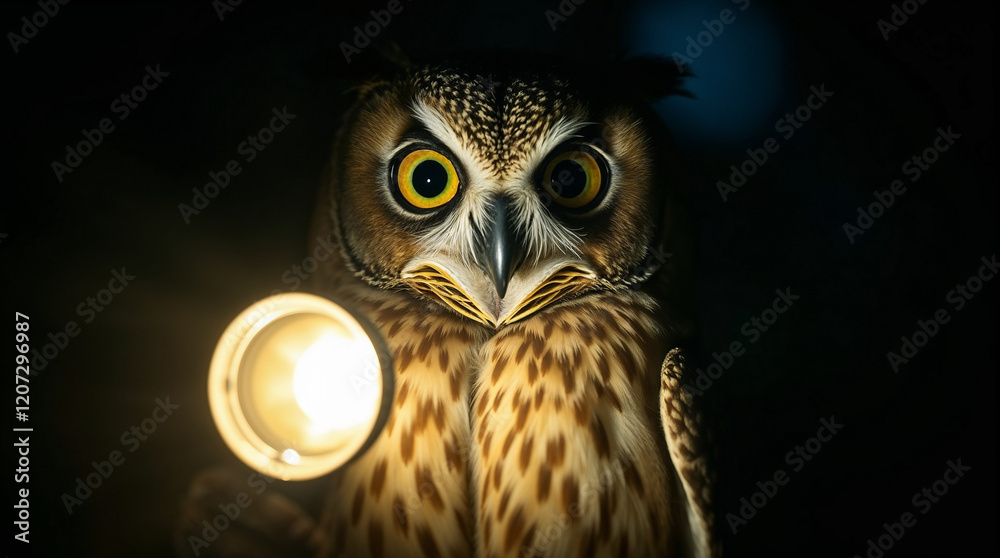 Owl shines a flashlight into the darkness. Funny wild bird wallpaper