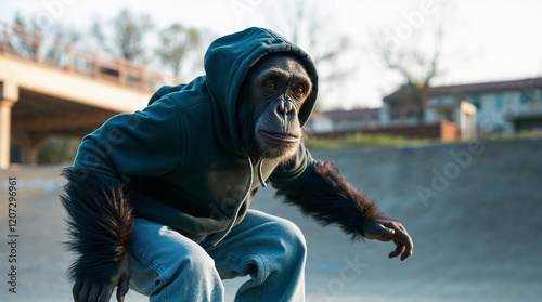 Monkey dressed as a teenager in hoodie coat and baggy jeans skating in a skatepark. Funny chimp imitates human behavior  photo