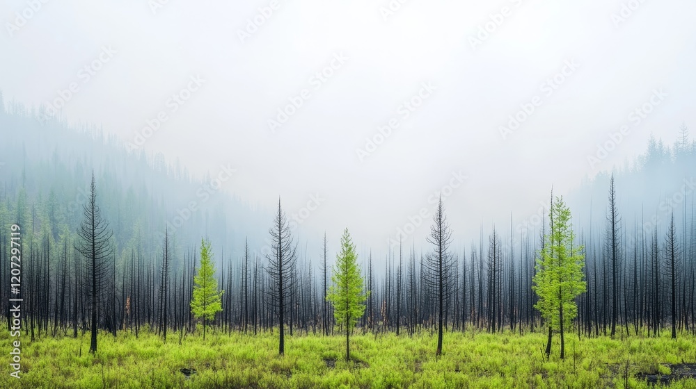 Obraz premium Lush Greenery Emerging from the Remnants of a Forest Fire, Showcasing Nature's Resilience Amidst Blackened Trees and Misty Surroundings in a Tranquil Landscape