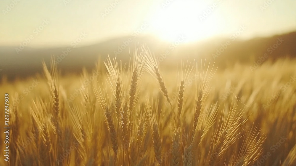 Golden Wheat Field at Sunset with Soft Sunlight and Horizon View Golden Wheat Field at Sunset with Soft Sunlight and Horizon View