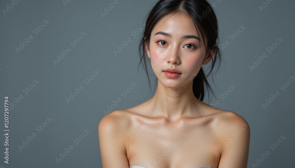 Obraz premium Asian woman, studio portrait, natural beauty, neutral background