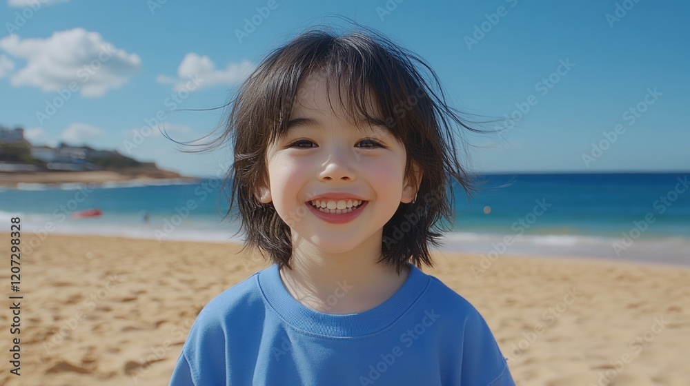 Cheerful Child Smiling on a Sunny Beach with Blue Sky Background Cheerful Child Smiling on a Sunny Beach with Blue Sky Background