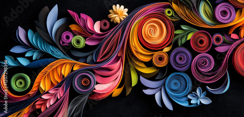 A detailed shot of a paper quilling art piece with vibrant colors and intricate spiral patterns on a black velvet background.