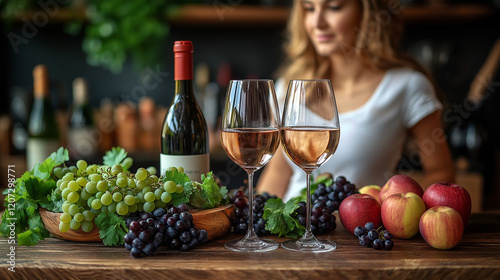 Bottles and glasses of wine and assortment of grapes photo