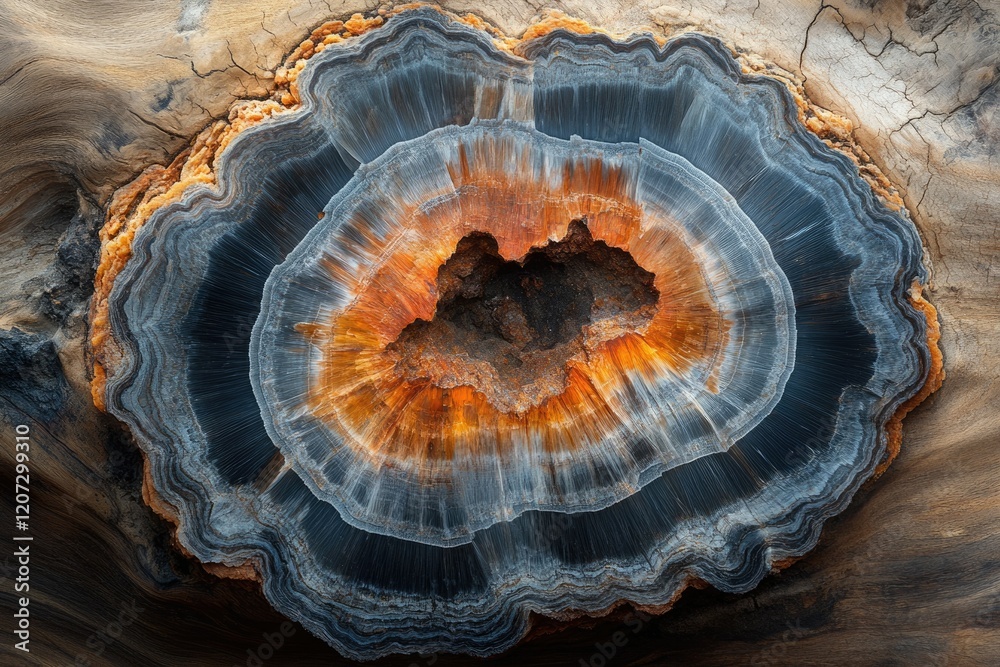 Fototapeta premium A mesmerizing cross-section of petrified wood showcasing vibrant concentric rings and rich color variations.