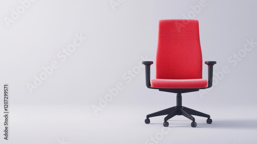 A modern red office chair with ergonomic design, featuring a high backrest and armrests, set against a minimalist background.
