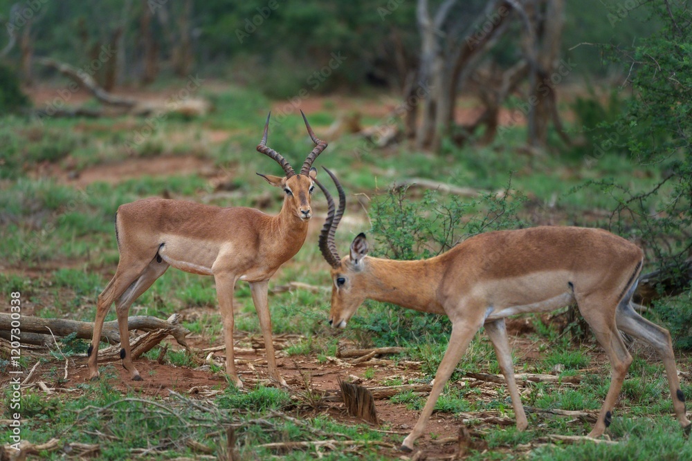Two impalas in a lush green savannah, with one grazing and the other standing alert Two impalas in a lush green savannah, with one grazing and the other standing alert