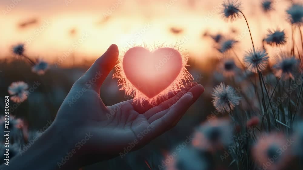 Hand Holding a Glowing Heart in a Field of Flowers at Sunset Symbolizing Love and Connection in Nature. Generative AI Hand Holding a Glowing Heart in a Field of Flowers at Sunset Symbolizing Love and Connection in Nature. Generative AI