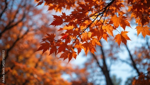 Autumn maple leaves, vibrant fall foliage, park scene, soft sunlight photo