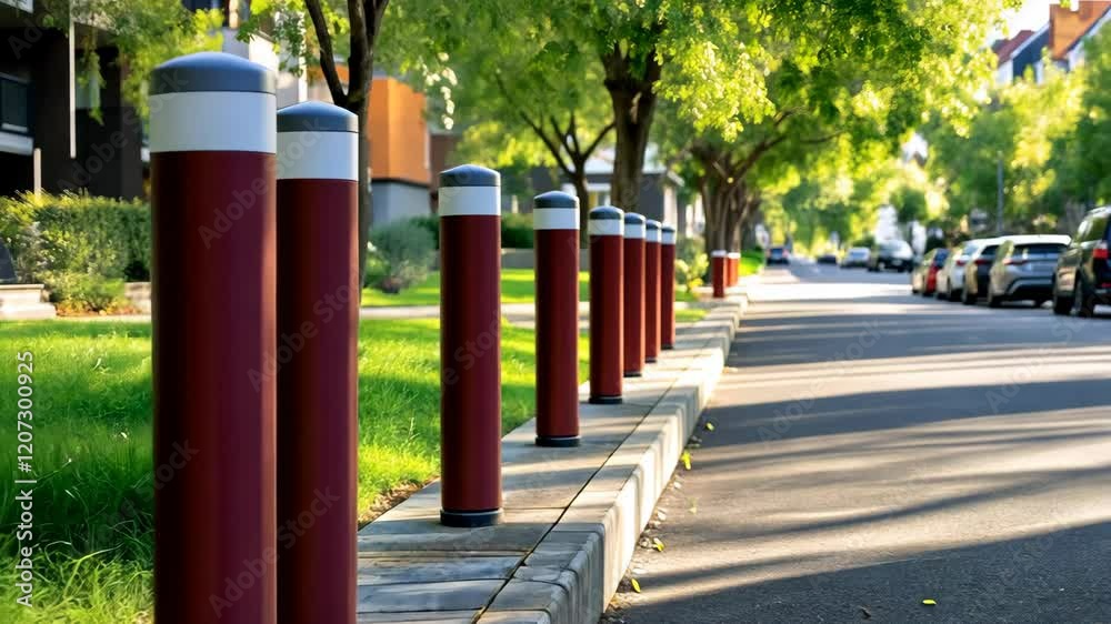 A sunny day showcases a row of decorative bollards along a peaceful residential street, enhancing the urban landscape A sunny day showcases a row of decorative bollards along a peaceful residential street, enhancing the urban landscape