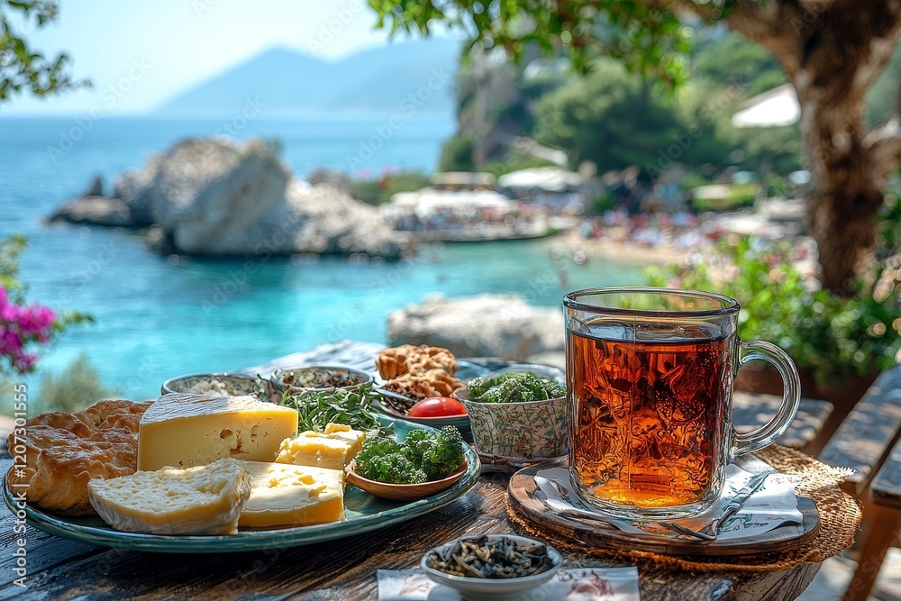 Fototapeta premium Beachside breakfast at a seaside hotel or resort during the summer holiday season