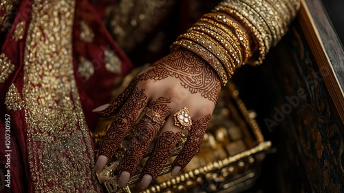 Bridal Hand Adorned with Mehndi, Jewelry, and Traditional Golden Fabric photo