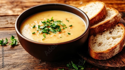 This smooth and flavorful lentil soup, paired with crusty bread, presents an inviting meal that highlights textures and warmth, embodying comfort and nourishment.