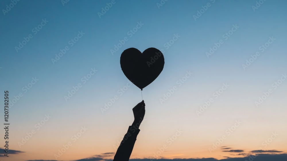 Silhouette of a hand holding a heart-shaped balloon against a sunset sky.