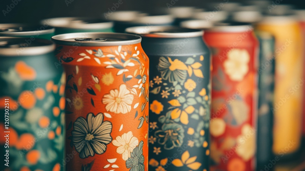 Fototapeta premium Colorful Floral Patterned Aluminum Beverage Cans