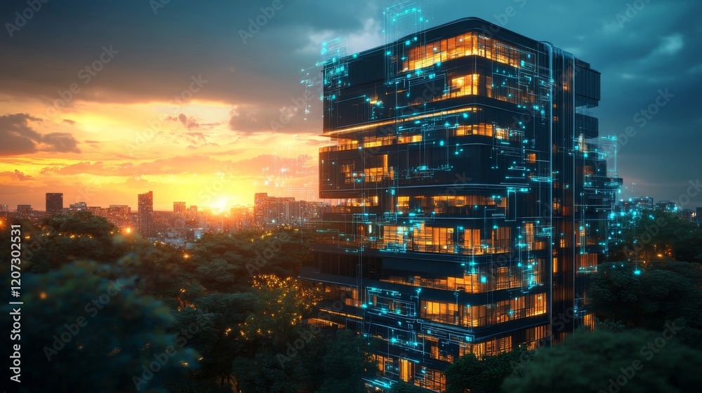 Obraz premium Futuristic Smart Building at Sunset in a Modern City