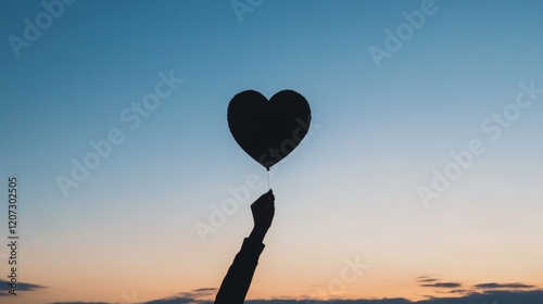 Silhouette of a hand holding a heart-shaped balloon against a sunset sky.