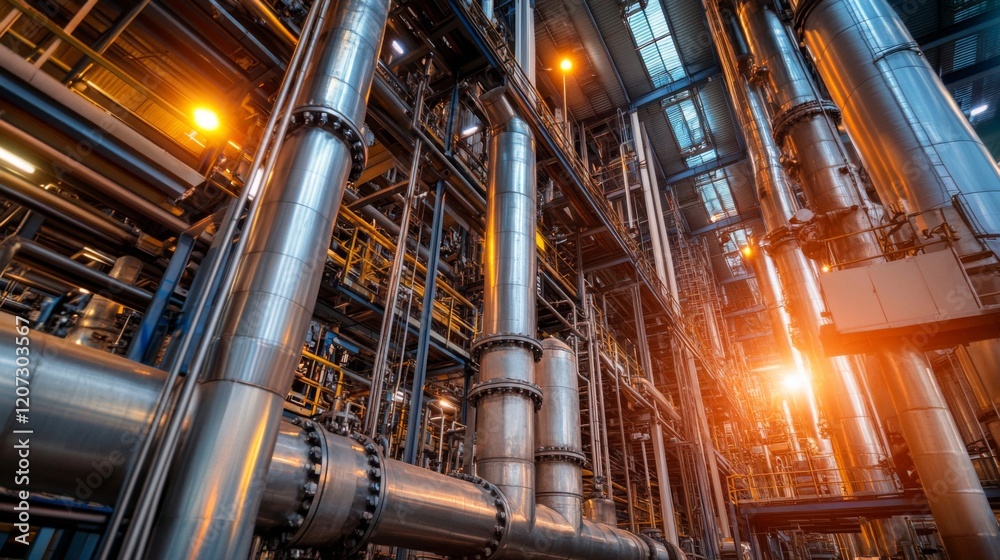 Obraz premium Intricate network of steel pipes and industrial equipment within a large factory setting