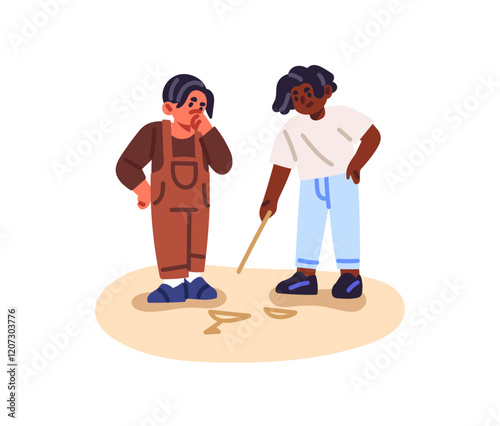 Thoughtful kids drawing with stick on sand. Pondering children have fun on beach. Little friends, cute boys play together outdoors. Interracial friendship. Flat isolated vector illustration on white