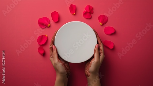 Round white card held by mehndi-adorned hands with petals on vibrant pink background.